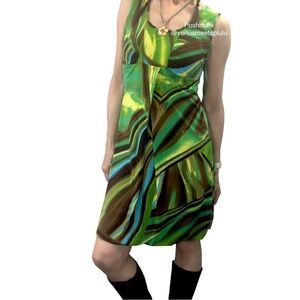 VTG Y2K Mod Dress Kaely N-Max Sz S Abstract Colorful Bubble Hem Rave Disco Retro